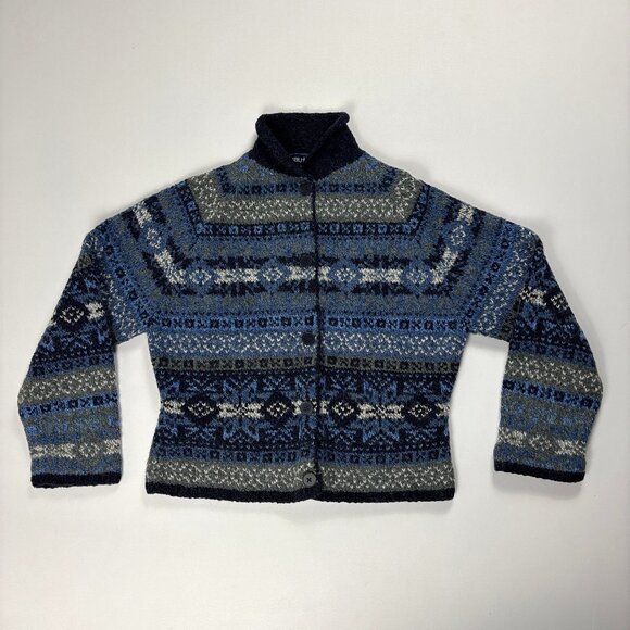 Nautica Womens Button Up Fair Isle Cardigan Sweater Blue Sz M Wool Blend Nordic - Picture 1 of 6